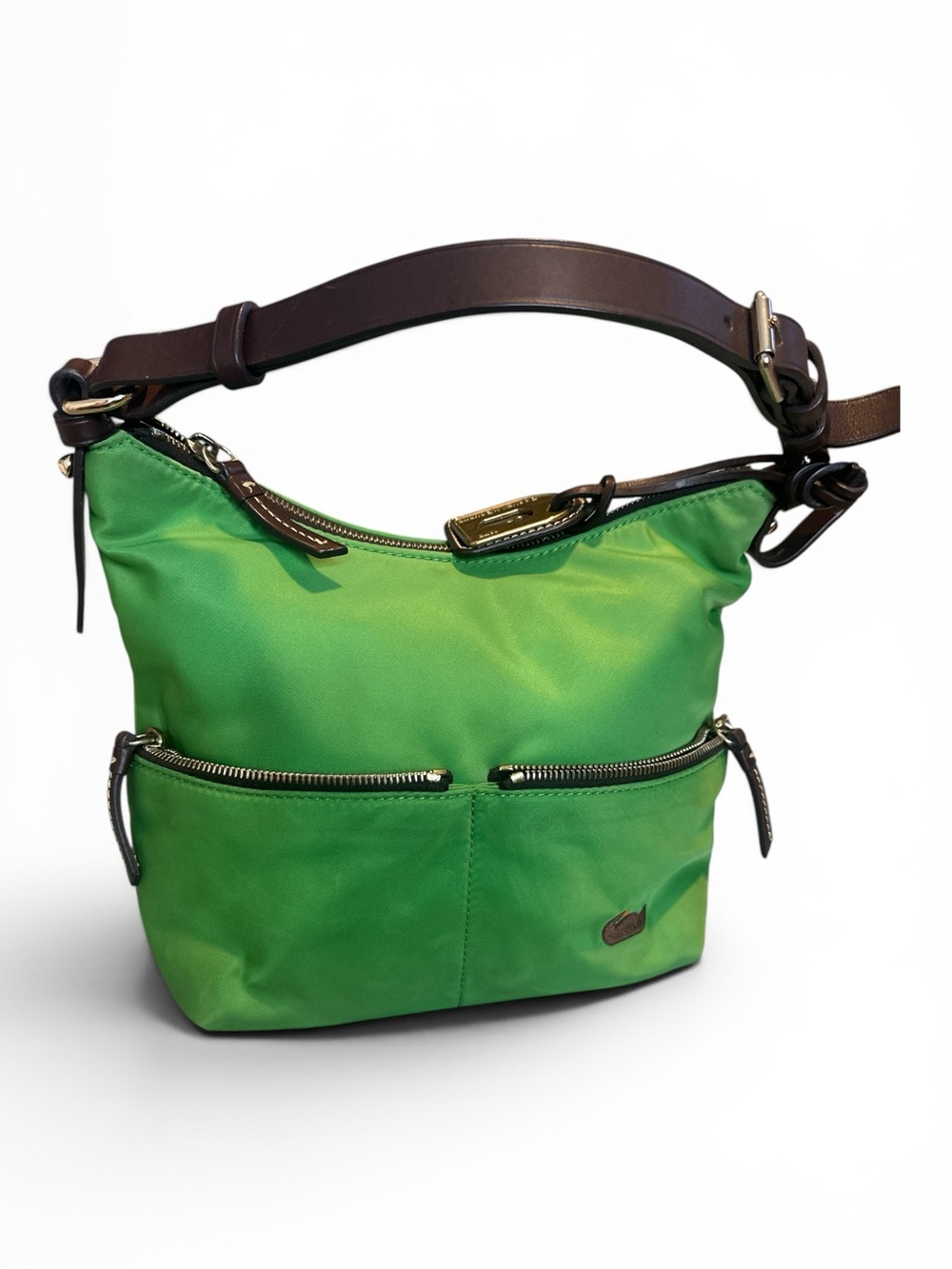 Dooney & Bourke Bright Green Nylon Shoulder Bag with Brown Leather Strap